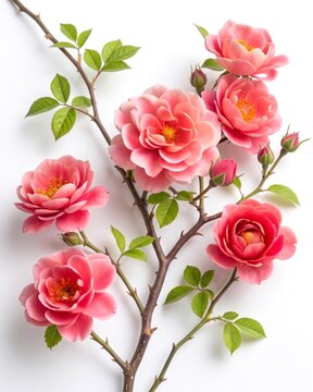 Branch of pink climbing rose flowers with thorns and green leaves isolated on white background