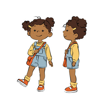 Sketch Style Girl in Denim Overalls with Crossbody Bag, Hand Drawn Cartoon Child Character in Front and Side Views for Kids Fashion Illustration
