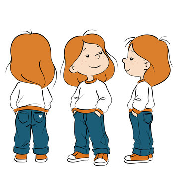 Girl Character Turnaround Sketch with Front Side and Back Views, Hand Drawn Cartoon Child in Casual Outfit for Character Design Reference