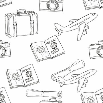 Seamless travel pattern with hand drawn airplane suitcase camera and passport icons.