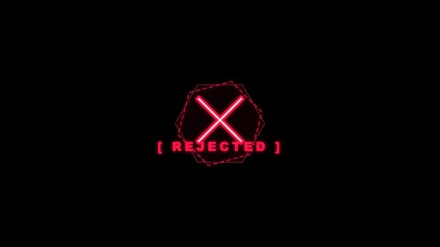Red cyberpunk rejected stamp with neon cross and hexagonal grid on transparent background