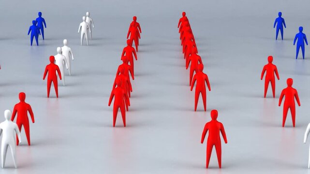 3D illustration of diverse groups of figures in red, white, and blue representing team division, voting, and societal structures