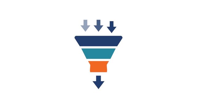 Marketing conversion funnel motion graphic animating data flow stages in blue and orange