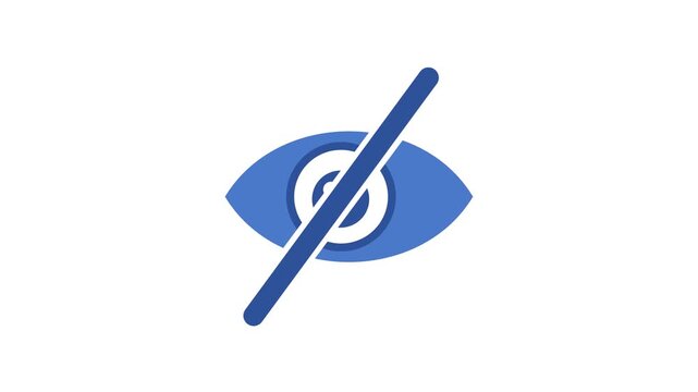 Blue minimalist eye icon with diagonal slash indicating private or hidden mode video animation