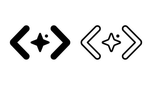 Code Bracket Iconography: A graphic representation of code brackets and a starburst symbol, presented in both filled and outline styles, suggesting programming or digital innovation.