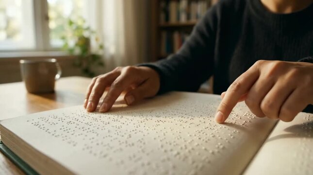 Blind person reading braille book