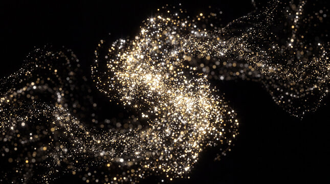 Gold and silver shimmering particles forming an elegant luminous cloud against a pure black background
