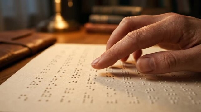 Blind person reading braille text on paper