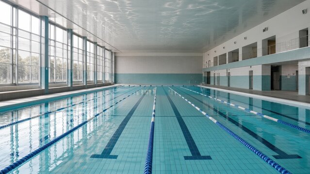 Empty municipal swimming pool hall with tall windows