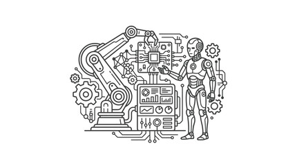 Fototapeta premium Industrial robot assembling circuit board in a high tech manufacturing environment.