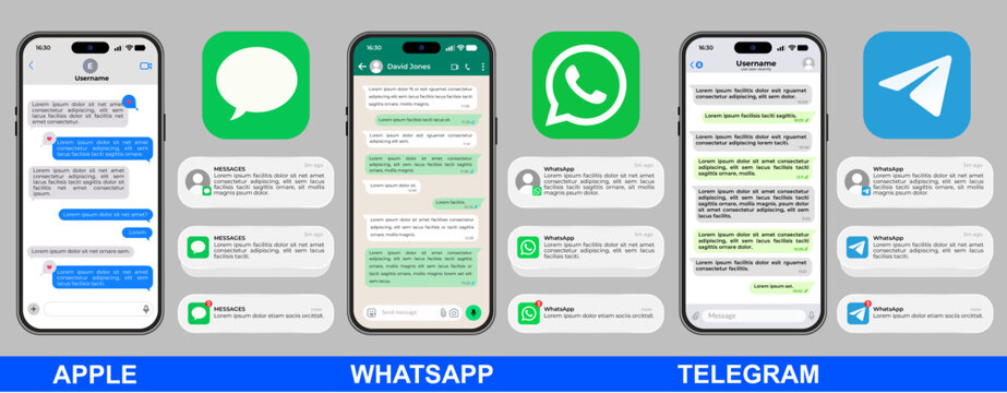 Apple Messages, WhatsApp, and Telegram chat mockups, with realistic notification popups, essential vector assets for modern mobile communication and chat design