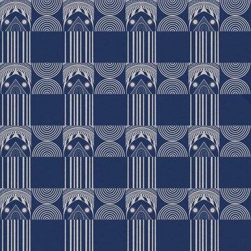 Navy Blue and Cream Geometric Seamless Pattern with Ornamental Arches and Stripes