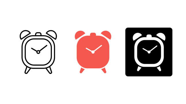 Alarm Clock Icon Set Vector Illustration, Three Styles Including Outline, Solid Coral, and Negative Glyph UI Symbols isolated on white background for time management and productivity apps