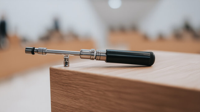 Retractable pointer drawing inward atop a wooden lectern with out‑of‑focus backdrop