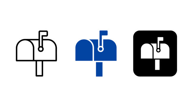 Mailbox Icon Set Vector Illustration, Three Variations of Post Box Symbols in Outline, Solid Blue, and App Button Styles, Isolated on White Background for Mail and Delivery Service Design.