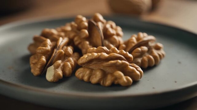 Close up of walnuts on a plate slow motion