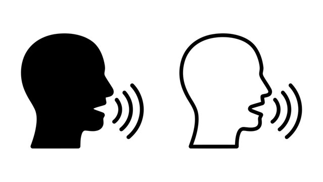Speaking Silhouette: A graphic representation of two human head profiles, one filled in black and the other an outline, emitting sound waves, symbolizing communication and speech.