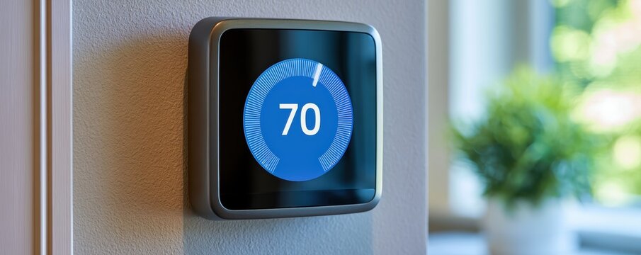 Smart thermostat device displaying temperature on wall