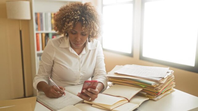 Woman writing in a notebook while holding a smartphone at a desk with stacks of folders and books in a building; concentration.