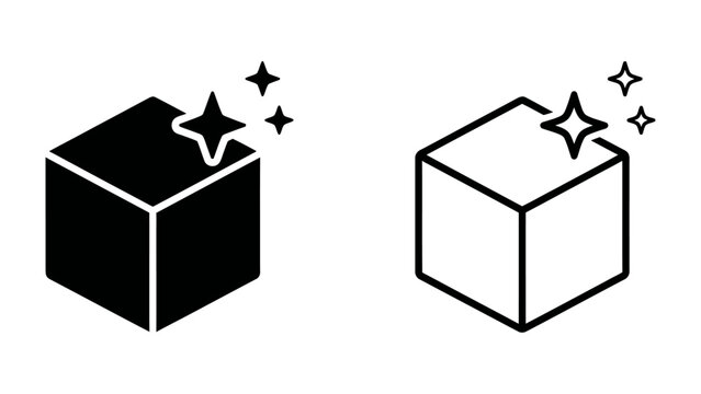 Sparkling Cube Icon: Two stylized cube icons, one solid black and one outlined, both adorned with sparkling starbursts, representing shine and cleanliness.