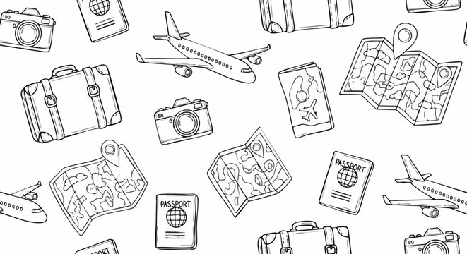 Seamless Pattern of Hand Drawn Travel Elements and Vacation Icons.