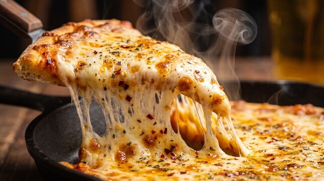 A hot slice of cheesy pizza with melted mozzarella cheese pull being lifted from a black skillet pan with steam rising on a rustic wooden table.