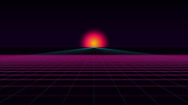 Retro synthwave neon grid with glowing sun on transparent background for video overlay