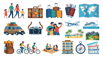 Naklejka premium Flat Design Travel and Tourism Elements Set: Vacation Activities, People, Luggage, Vehicles, and Destination Icons