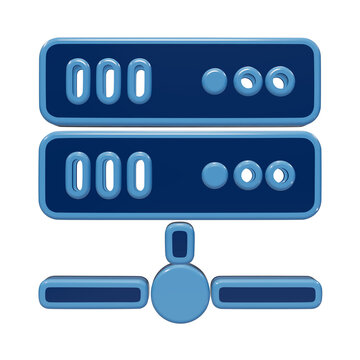 Glossy 3D server network icon representing cloud computing and data infrastructure for modern technical web interface isolated on a transparent background