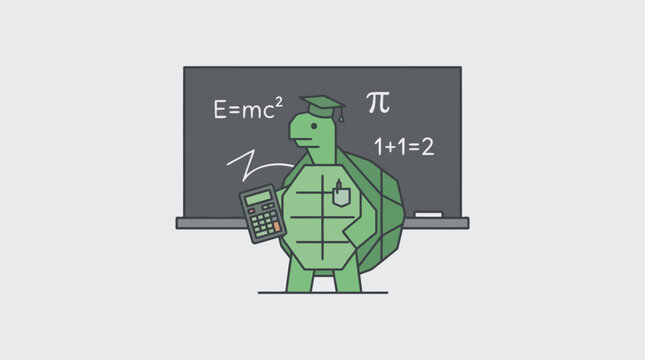 Turtle character holding calculator in front of blackboard with math equations.