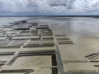 Aerial drone view of underwater oyster farms in Cancale, Brittany, exposed during low tide, raditional sustainable aquaculture and production of premium French oysters, France © barmalini