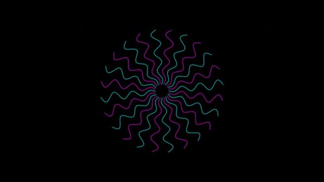 Rotating neon starburst shapes with wavy pink and teal lines isolated on alpha channel