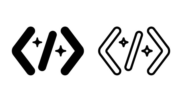 Code Iconography: A pair of code symbols, one solid and one outlined, representing programming, development, and technology. Sparkles suggest a clean, efficient, or new code.