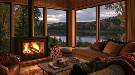 Naklejka premium Cozy wooden cottage with fireplace and large windows overlooking lake and forest in autumn colors Generative AI