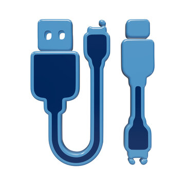 3D glossy blue usb cable icon for data transfer and connectivity technology with smooth rounded edges isolated on a transparent background