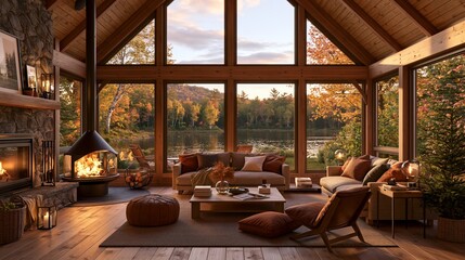 Naklejka premium Cozy wooden cottage with fireplace and large windows overlooking a lake and forest in autumn colors Generative AI