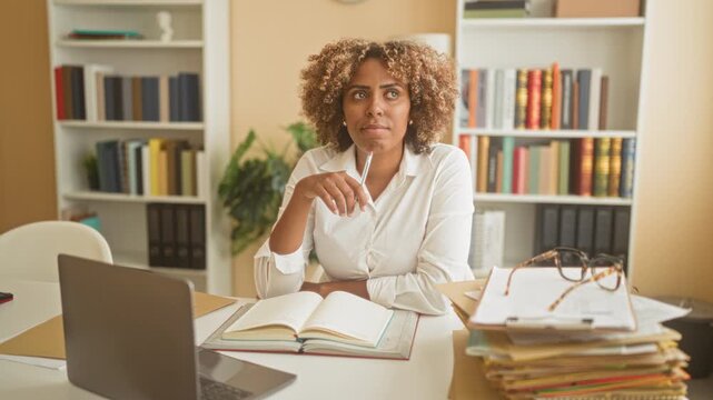 Woman writing with pen in open book at desk in a studio with laptop, glasses, stacked folders and bookshelves; focused learning.