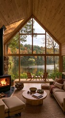 Naklejka premium Cozy wooden cottage with fireplace and large windows overlooking lake and forest in autumn colors Generative AI