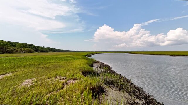 Drone view of a marshland with water and grass under cloudy sky