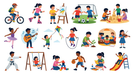 Fototapeta premium Kids Activities Vector - Diverse Children Enjoying Sports, Art, Music, and Play