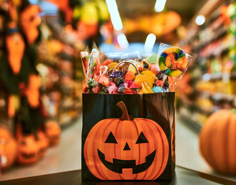Filling a Halloween-themed bag with candies, the store has placed it in an aisle decorated with festive elements and pumpkins.