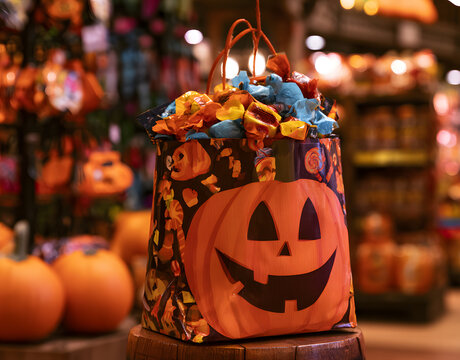 A Halloween-themed tote crammed with multicolored sweets stands in a shelf row, ensconced by festive accoutrements and carved pumpkins.
