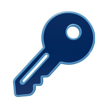 Glossy blue key icon for security and access concepts featuring a modern 3D render with a smooth polished surface and clean lines isolated on a transparent background