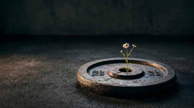 Heavy Iron Barbell Weight Plate Small Delicate Flower Growing Crack Iron Surface Masculinity Mental Health Stigma Strength Silence Emotional Vulnerability Concept