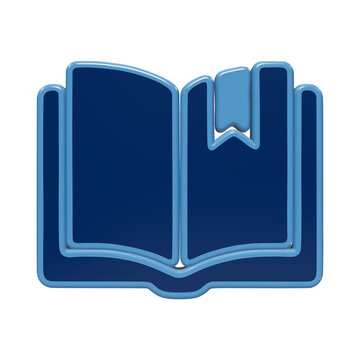 Open book icon with bookmark for education and literature concepts in 3D glossy blue style for academic and library websites isolated on a transparent background
