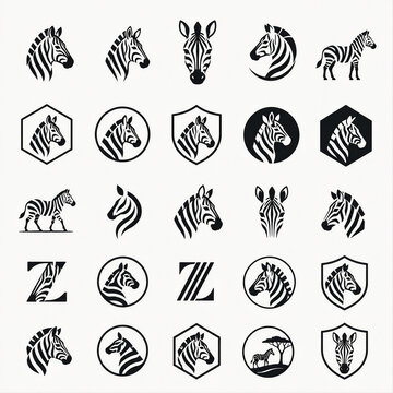 Set of minimalist zebra icons and silhouettes, simple zebra symbol collection in flat design