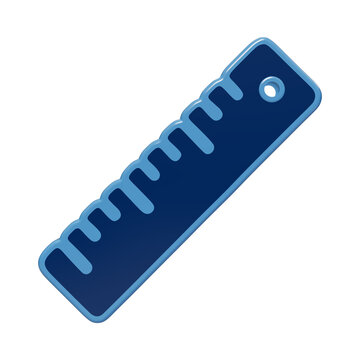 Straight ruler measurement tool icon for education and engineering in 3D glossy blue style for school supplies and mathematics isolated on a transparent background