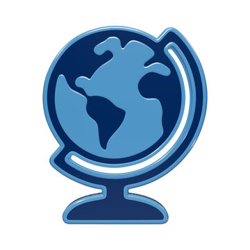 Globe icon for geography education and global communication in 3D glossy blue style for academic and travel web projects isolated on a transparent background