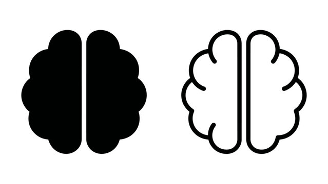 Brain Icon Set: A clean and modern set of two brain icons, one solid black and the other an outline, representing intelligence, thought, and cognition.