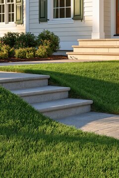 Modern stone stairs lead to a beautiful residential house entry porch